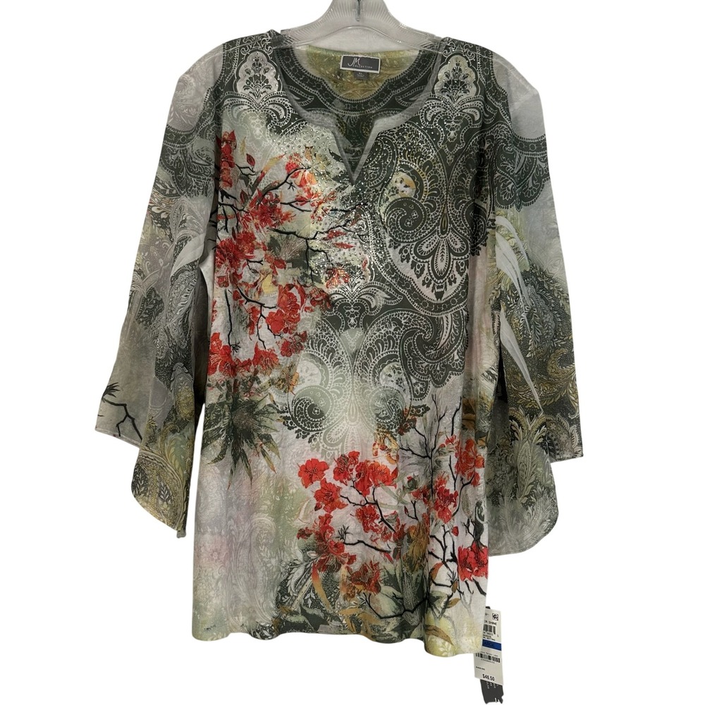 JM Collection Summer Shine Paisley Floral Rhinestone Tunic Top XL Green Red New
